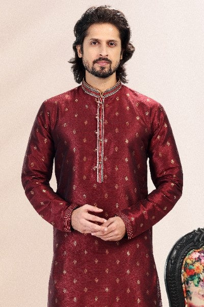 Raivat Ethnic Jacquard Banarasi Silk Pintux Work Kurta Pajama In Wine Colour