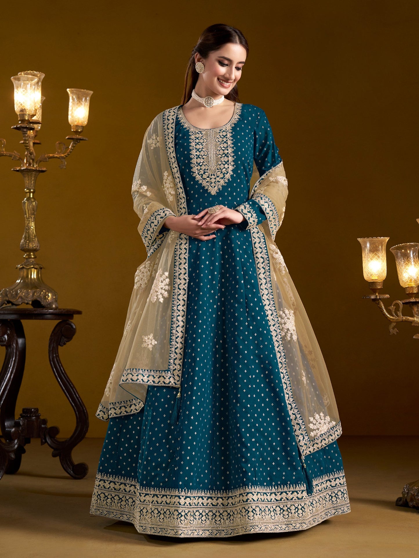 Anaita Teal Embroidered Jacquard Chanderi Anarkali Suit