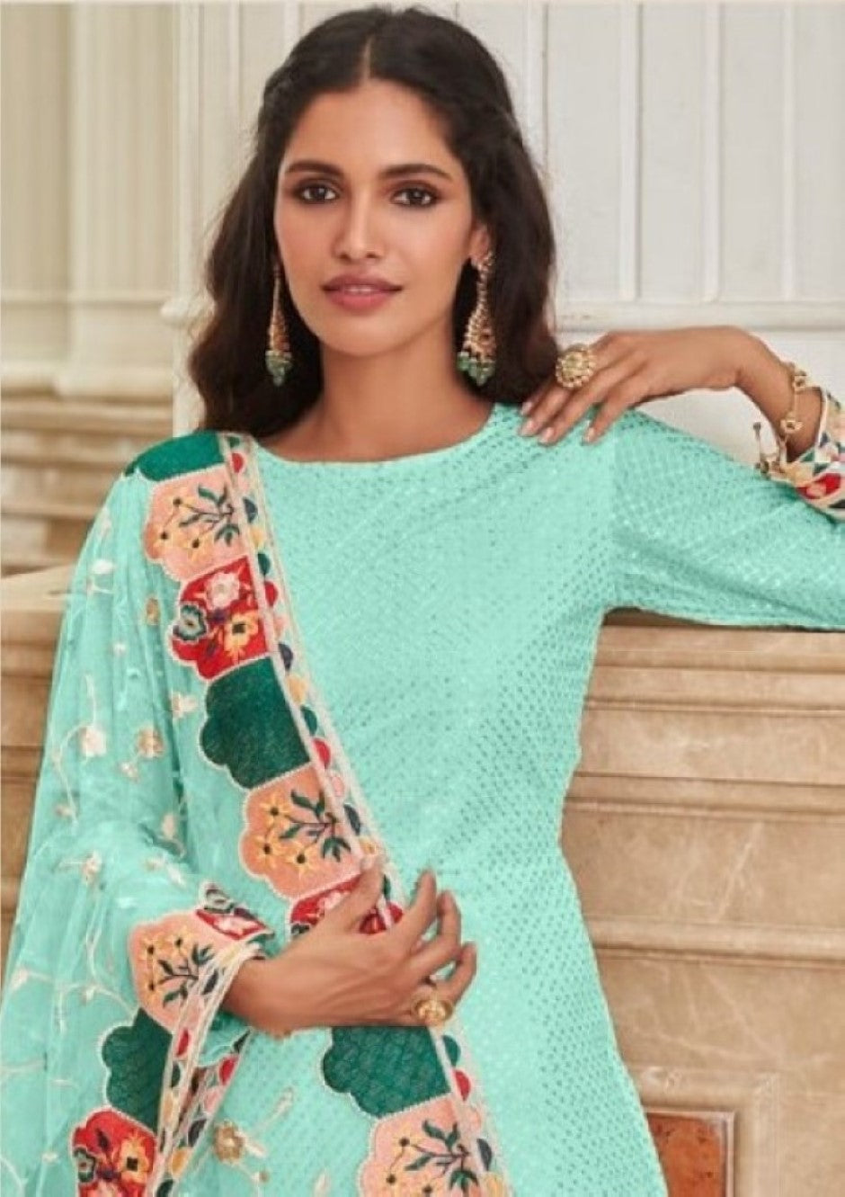Anaita Turquoise Faux Georgette Plazzo Suit With Embroidery & Sequins Work