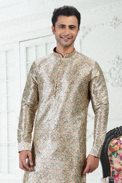 Raivat Ethnic Banarasi Silk Pintux Work Kurta Pajama In Cream Green Colour