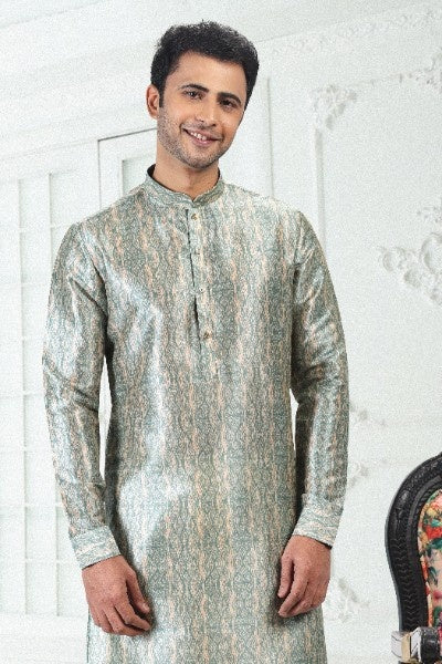 Raivat Ethnic Banarasi Silk Pintux Work Kurta Pajama In Cream Teal Green Colour