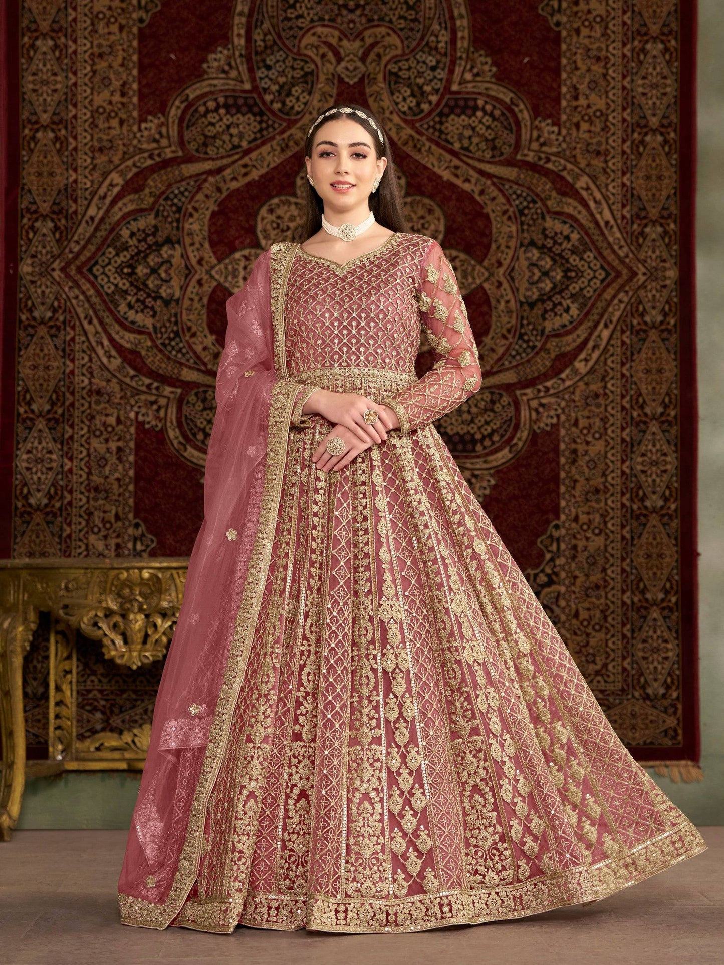 Anaita Peach Embroidered Net Anarkali Suit