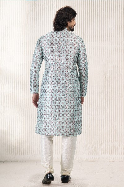 Raivat Ethnic Jacquard Banarasi Silk Digital Print Kurta Pajama In Green Colour