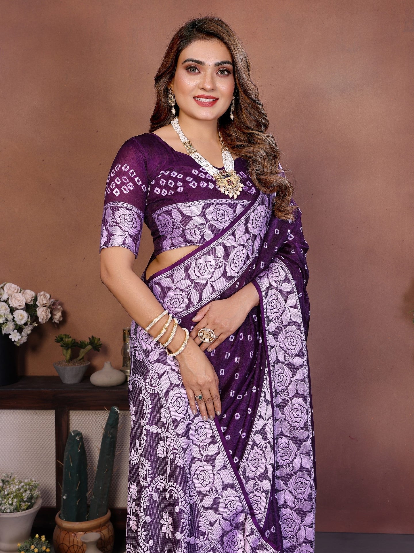 Anaita Dark Purple Handmade Bandhej Viscose Silk Saree With Blouse