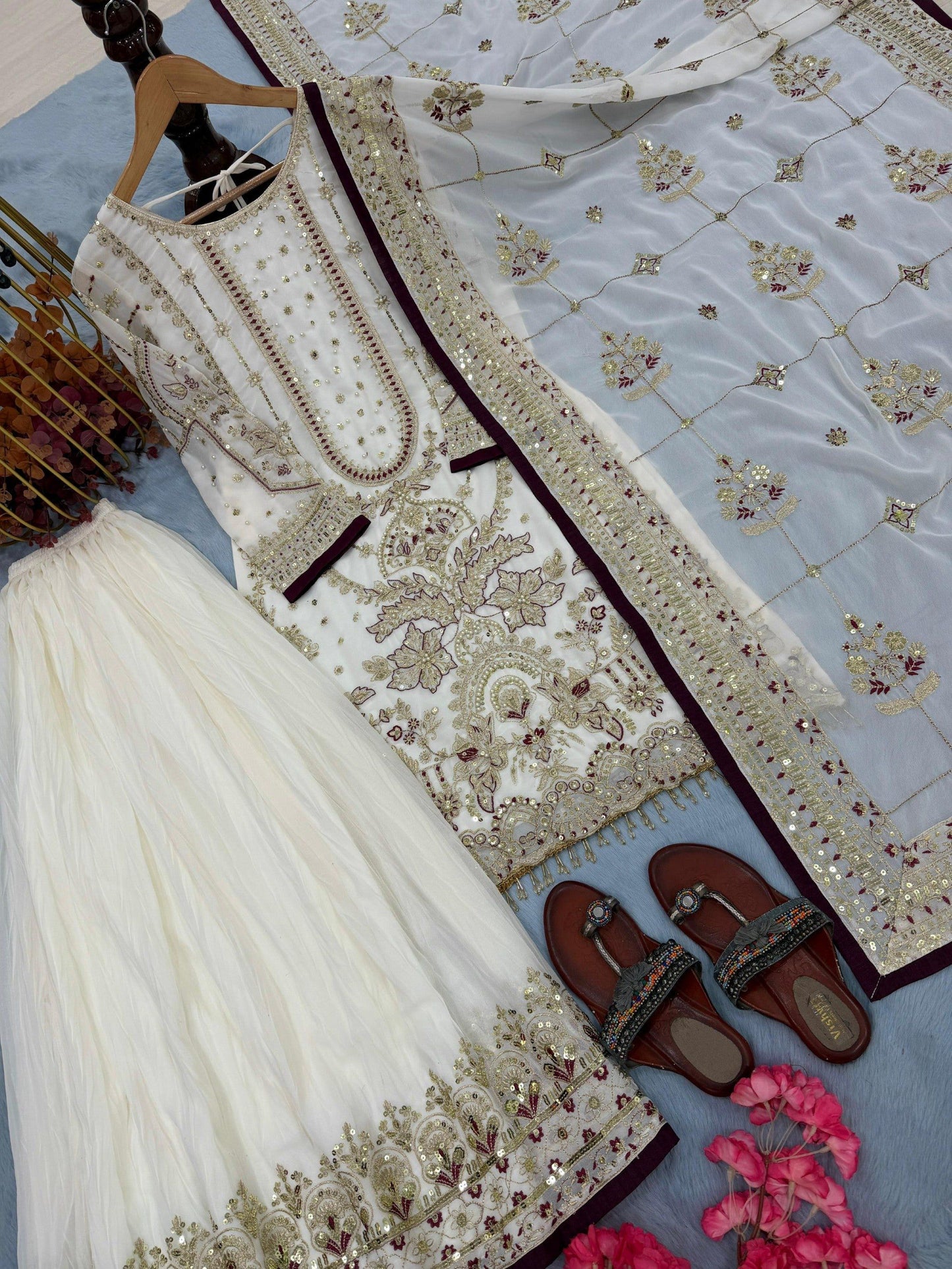 Anaita Off White Faux Georgette Readymade Suit with Embroidery & Moti Work