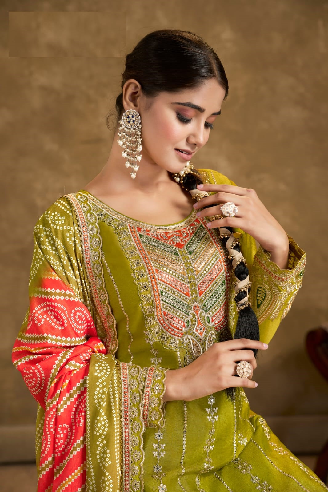 Anaita Green Chinon Sequence Embroidered Readymade Salwar Suit