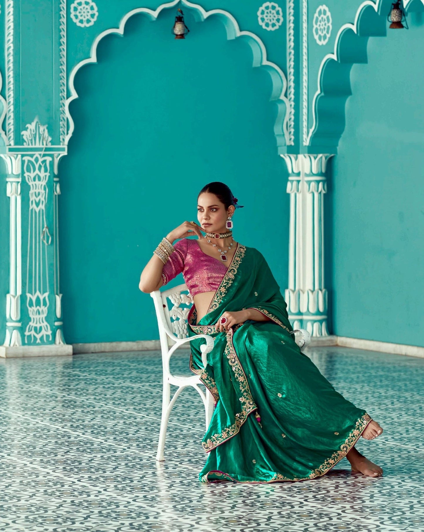Anaita Dark Green Embroidery Work Saree With Jacquard Work Blouse Piece