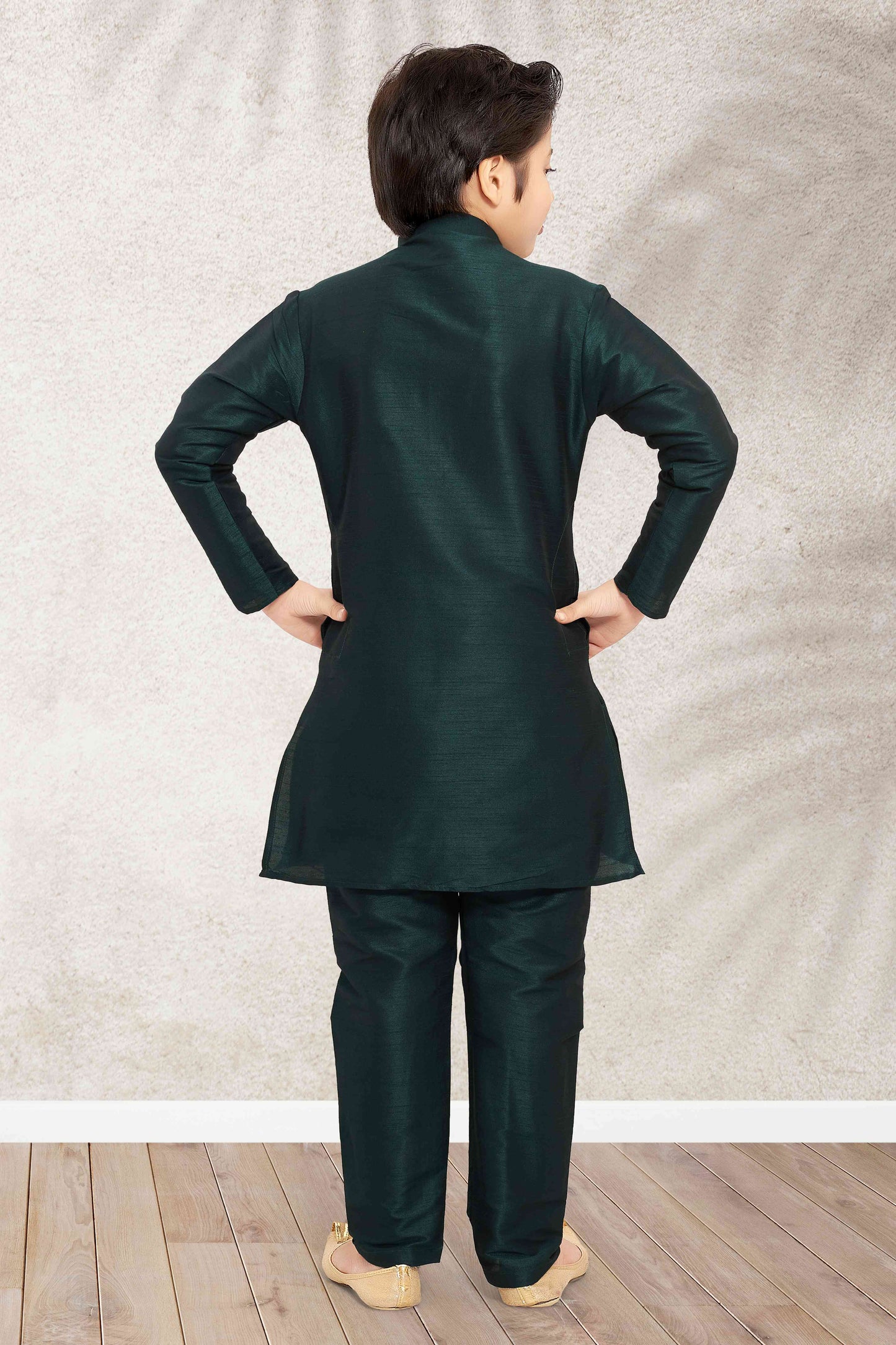 Raivat Ethnic Art Banarasi Silk Kids Kurta Pajama In Green Colour