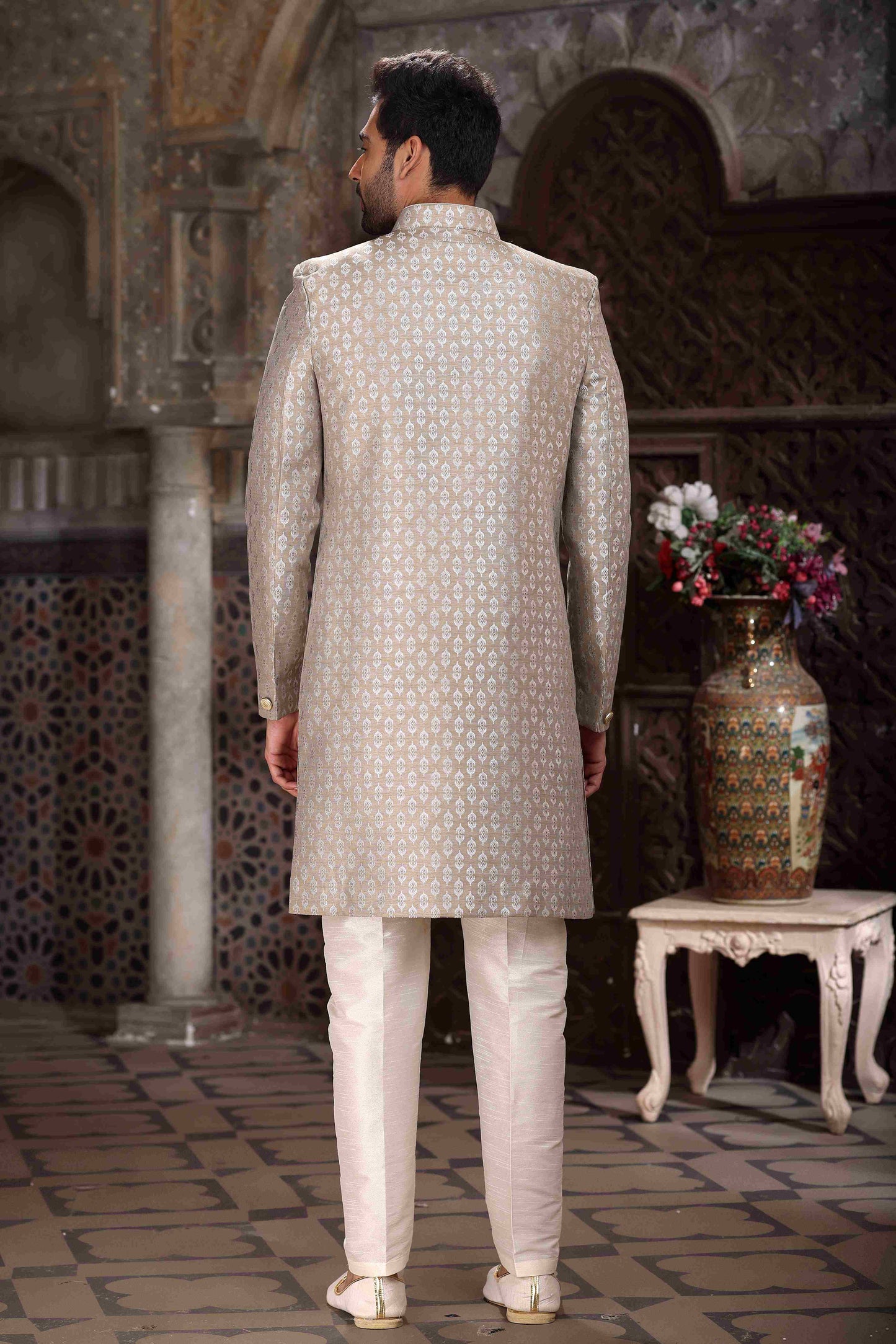 Raivat Ethnic Banarasi Jacquard Woven Work Indo Western Sherwani In Light Grey Colour