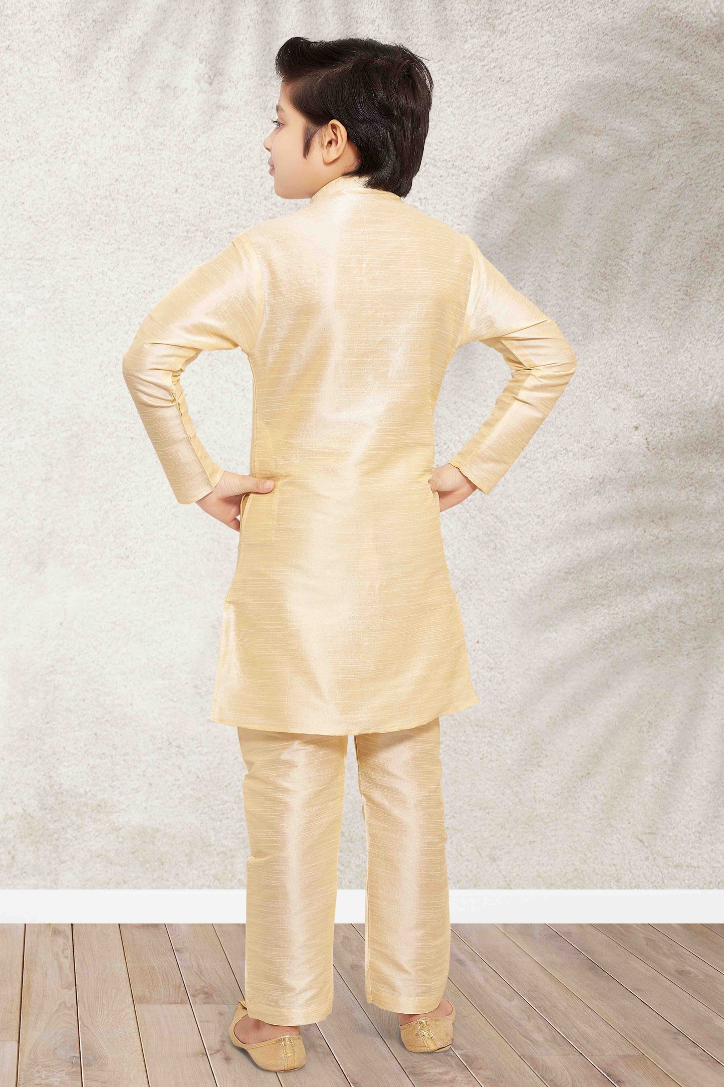 Raivat Ethnic Art Banarasi Silk Kids Kurta Pajama In Gold Colour