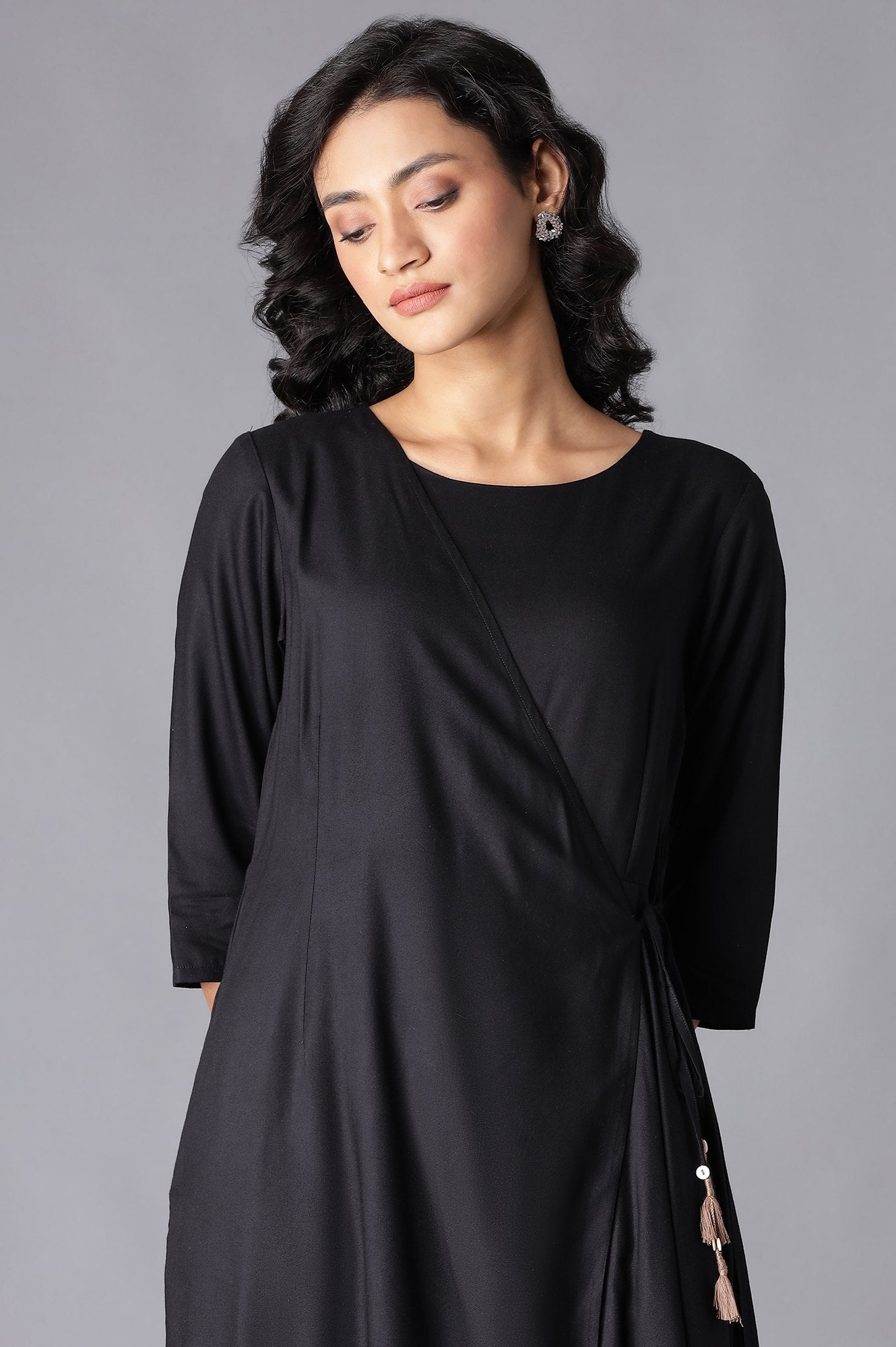 W for Woman Black Angrakha Maxi Dress In Round Neck