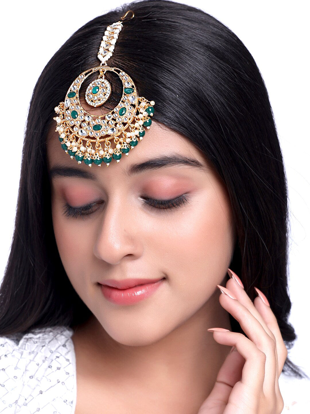 Yellow Chimes Gold-Polished White & Green Kundan-Studded & Beaded Maang Tikka