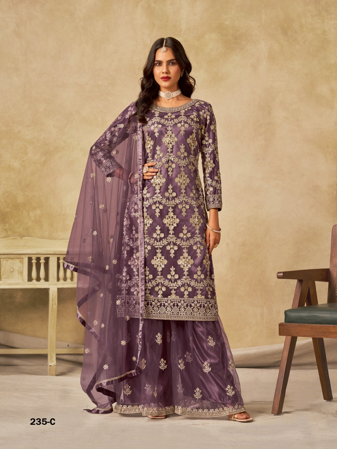 Anaita Purple Heavy Net Suit With Embroidery Work