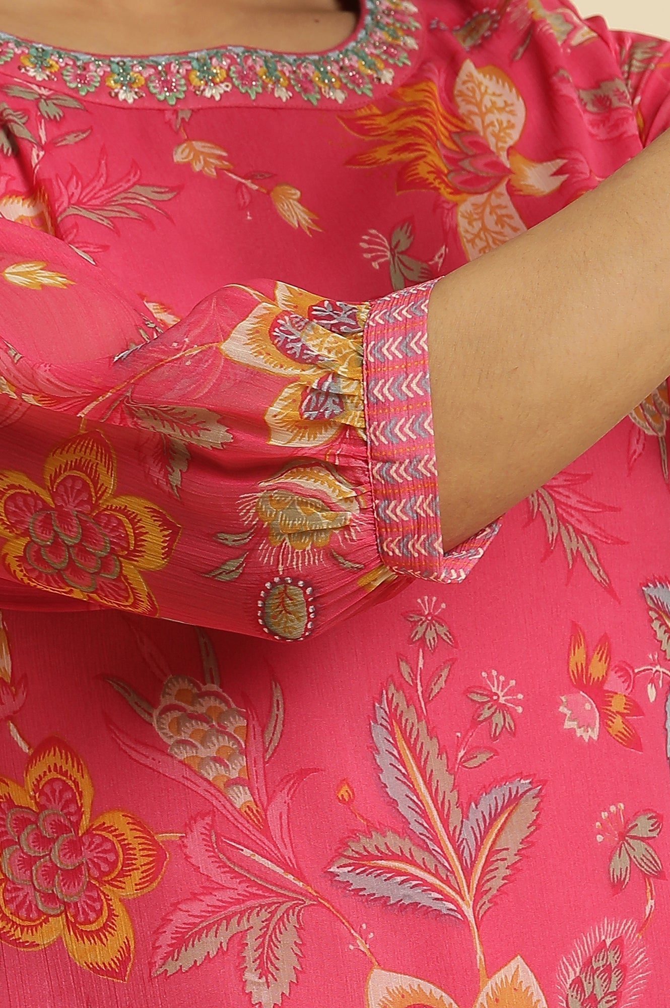 W for Woman Pink Chiffon Printed Kurta with Multi-coloured Floral Embroidery
