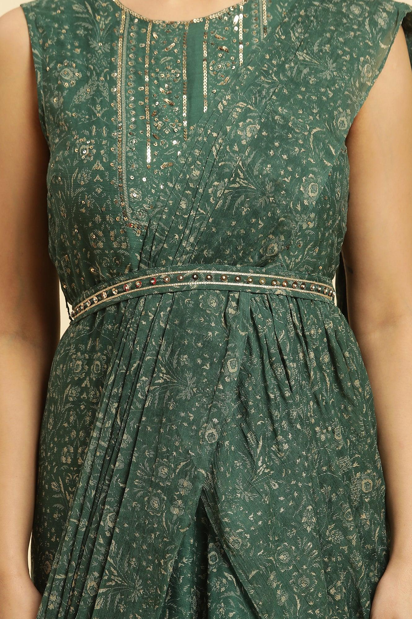 W for Woman Green Foil‑Printed Chiffon Sharara Saree Dress with Belt