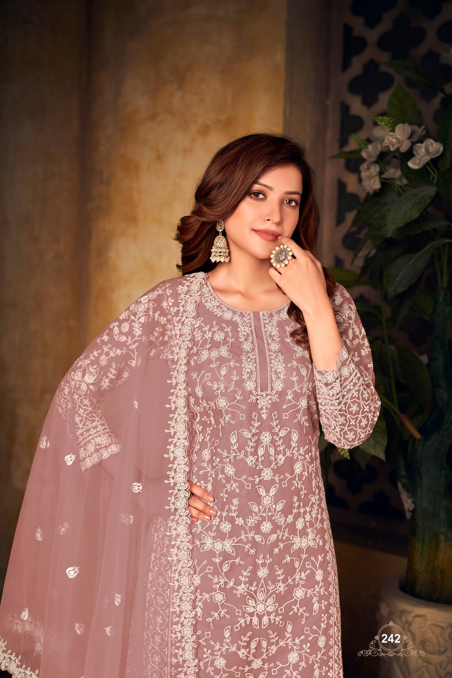 Anaita Light Brown Embroidered Net Plazzo Suit