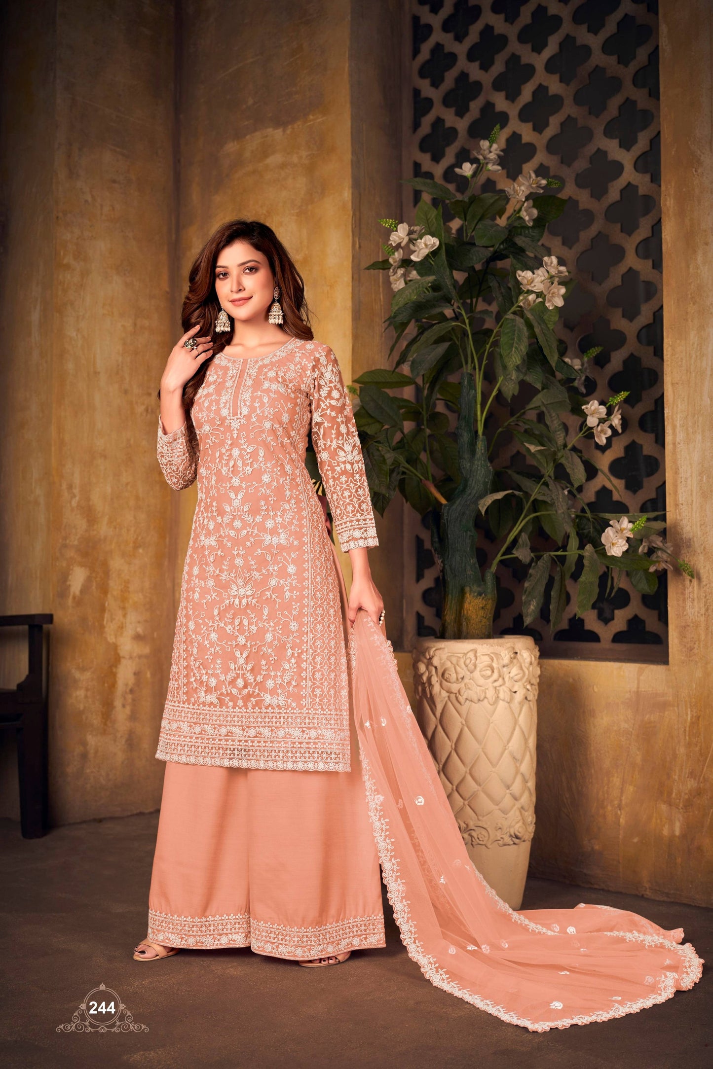 Anaita Orange Embroidered Net Plazzo Suit