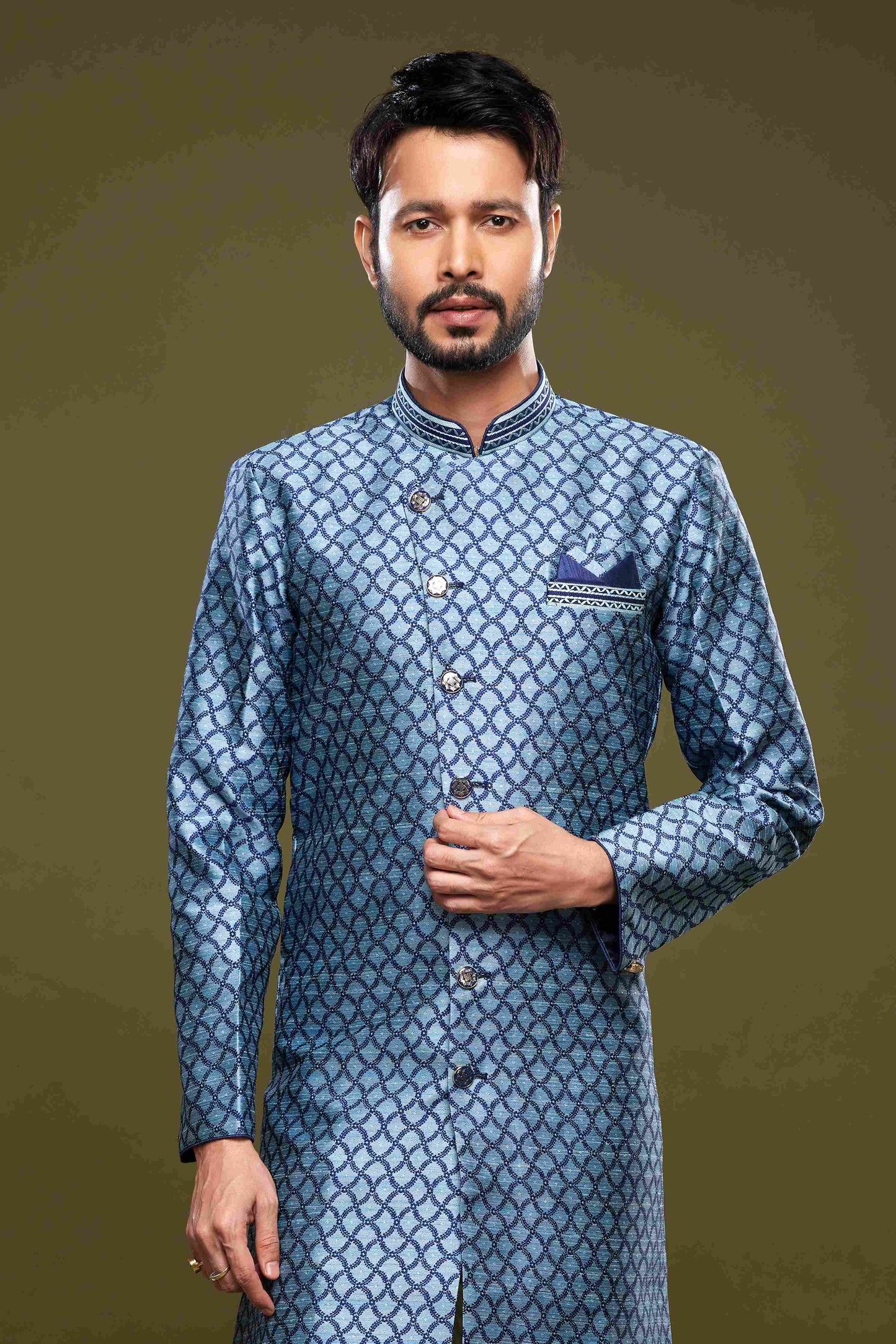 Raivat Ethnic Banarasi Jacquard Embroidery Semi Indo Western Sherwani In Blue Colour