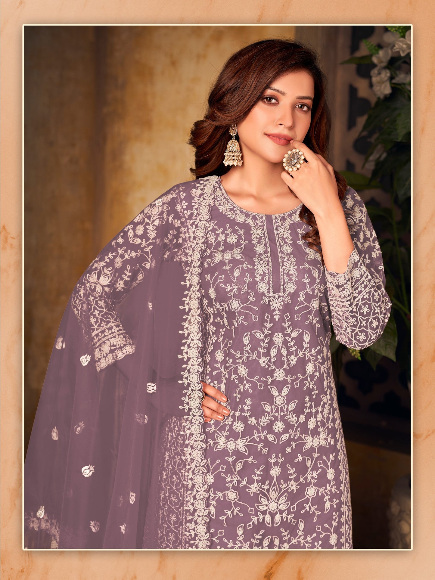 Anaita Lavender Embroidered Net Plazzo Suit