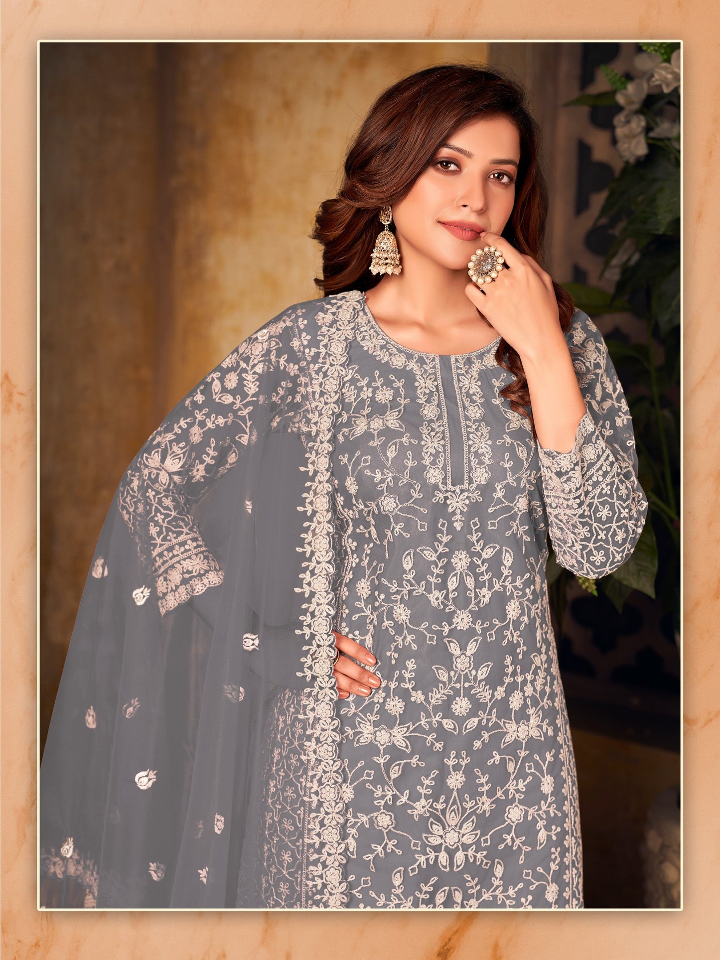 Anaita Grey Embroidered Net Plazzo Suit