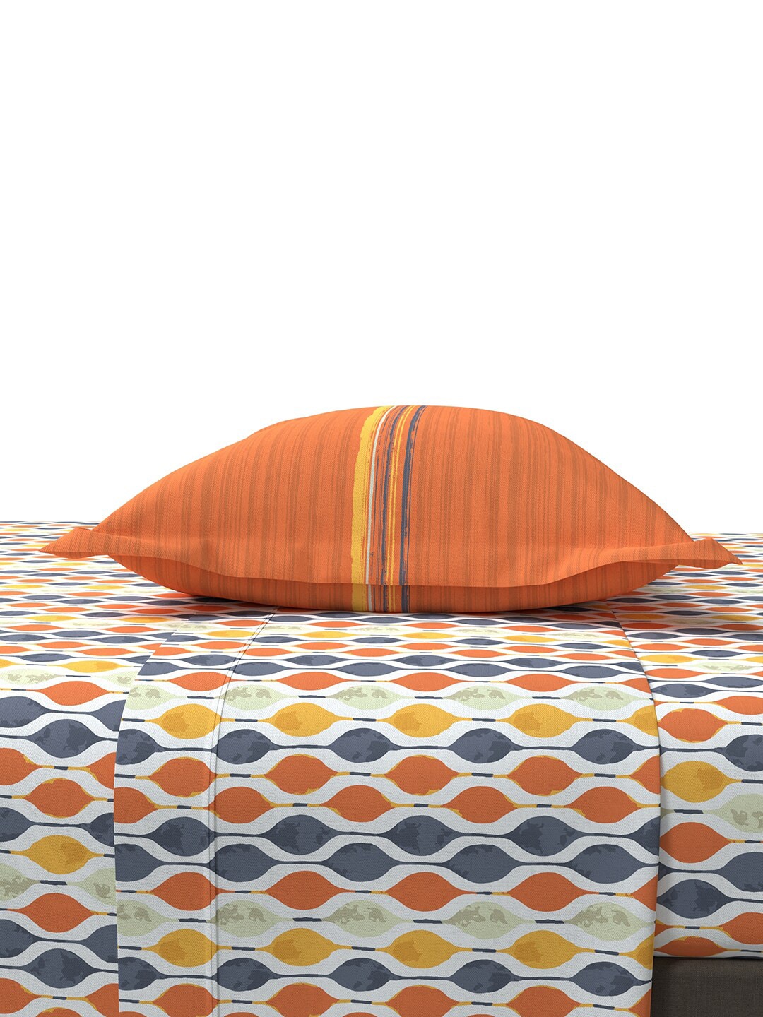 MYTRIDENT Orange White Geometric Cotton 144 TC Queen Bedsheet With 2 Pillow Covers