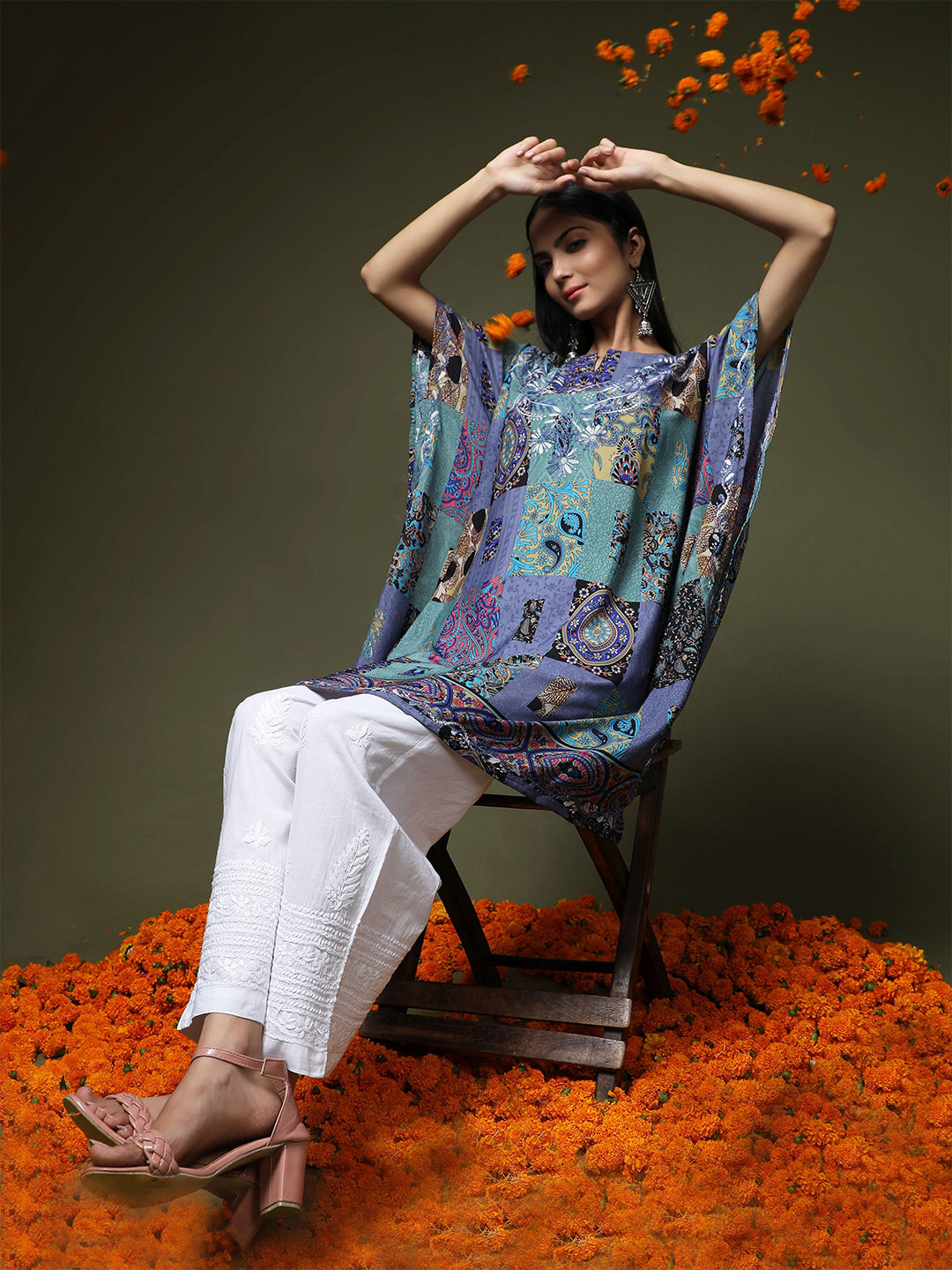 HOUSE OF KARI Ethnic Motifs Printed Notched Neck Chikankari Embroidery Cotton Kaftan Kurta
