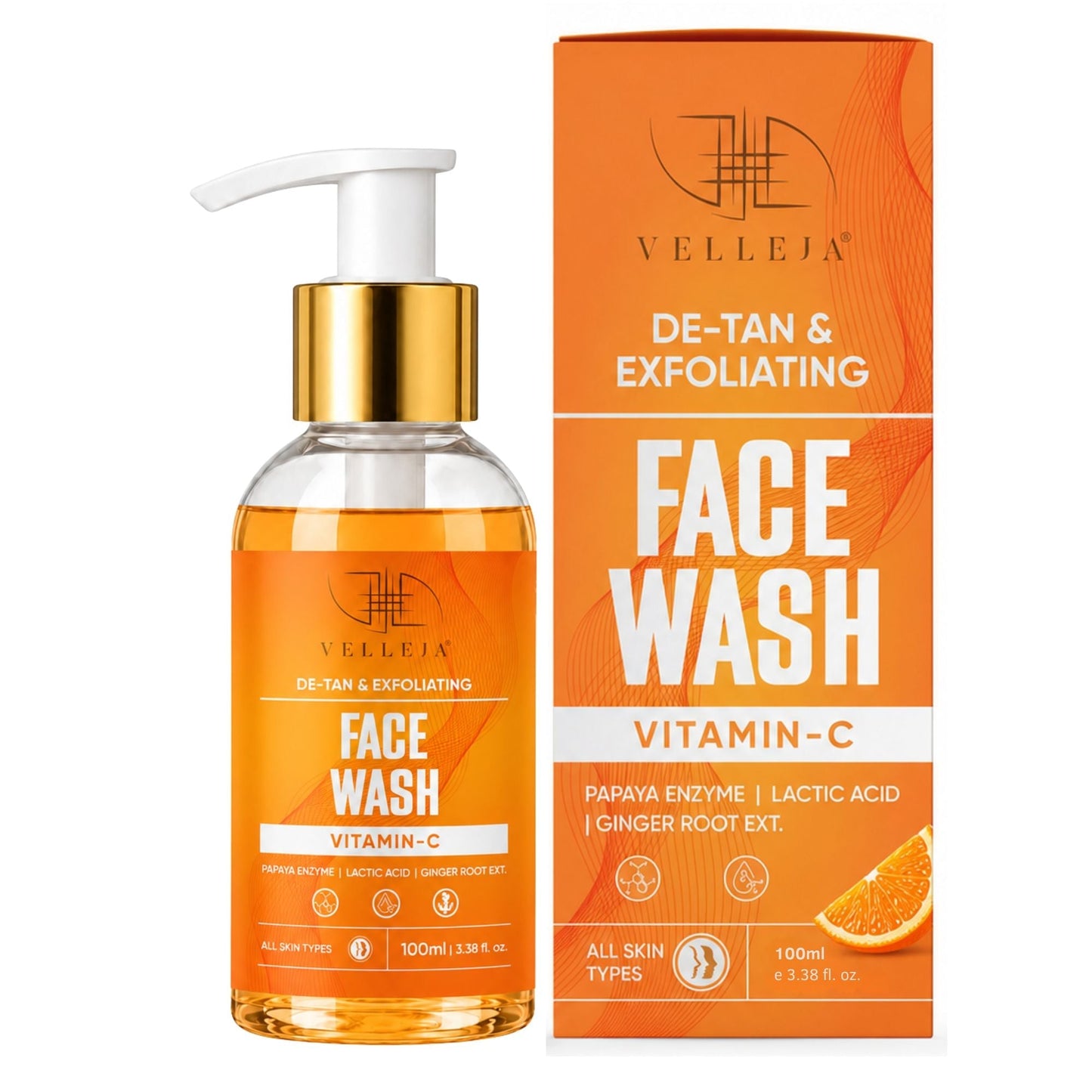 Velleja De-Tan & Exfoliating Face Wash | Vitamin C Tan Removal & Brightening Face Cleanser