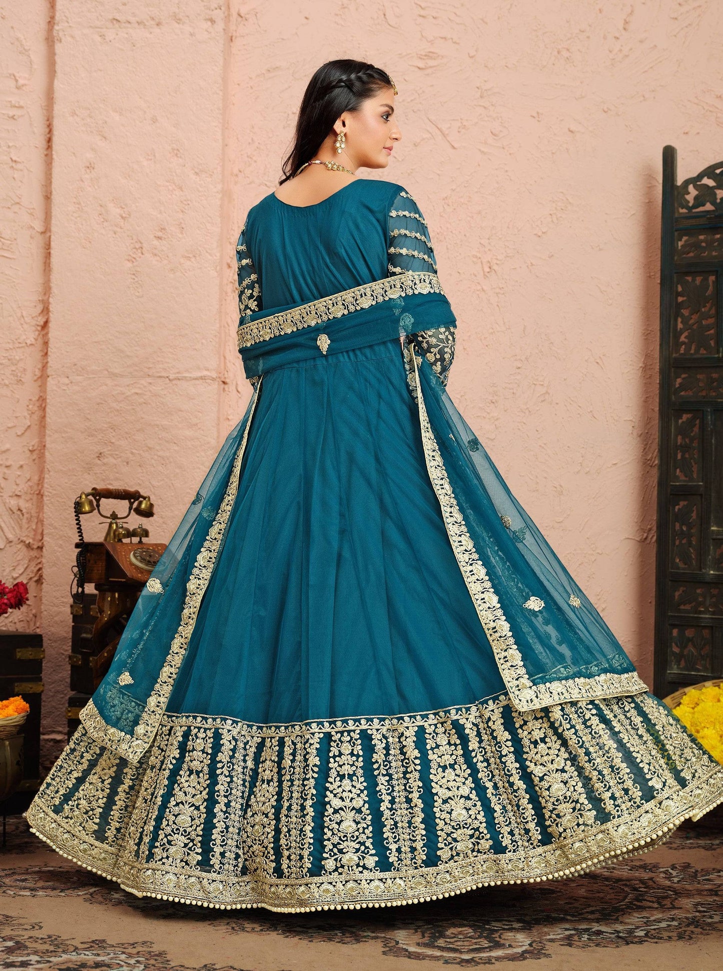 Anaita Teal Embroidered Net Anarkali Suit