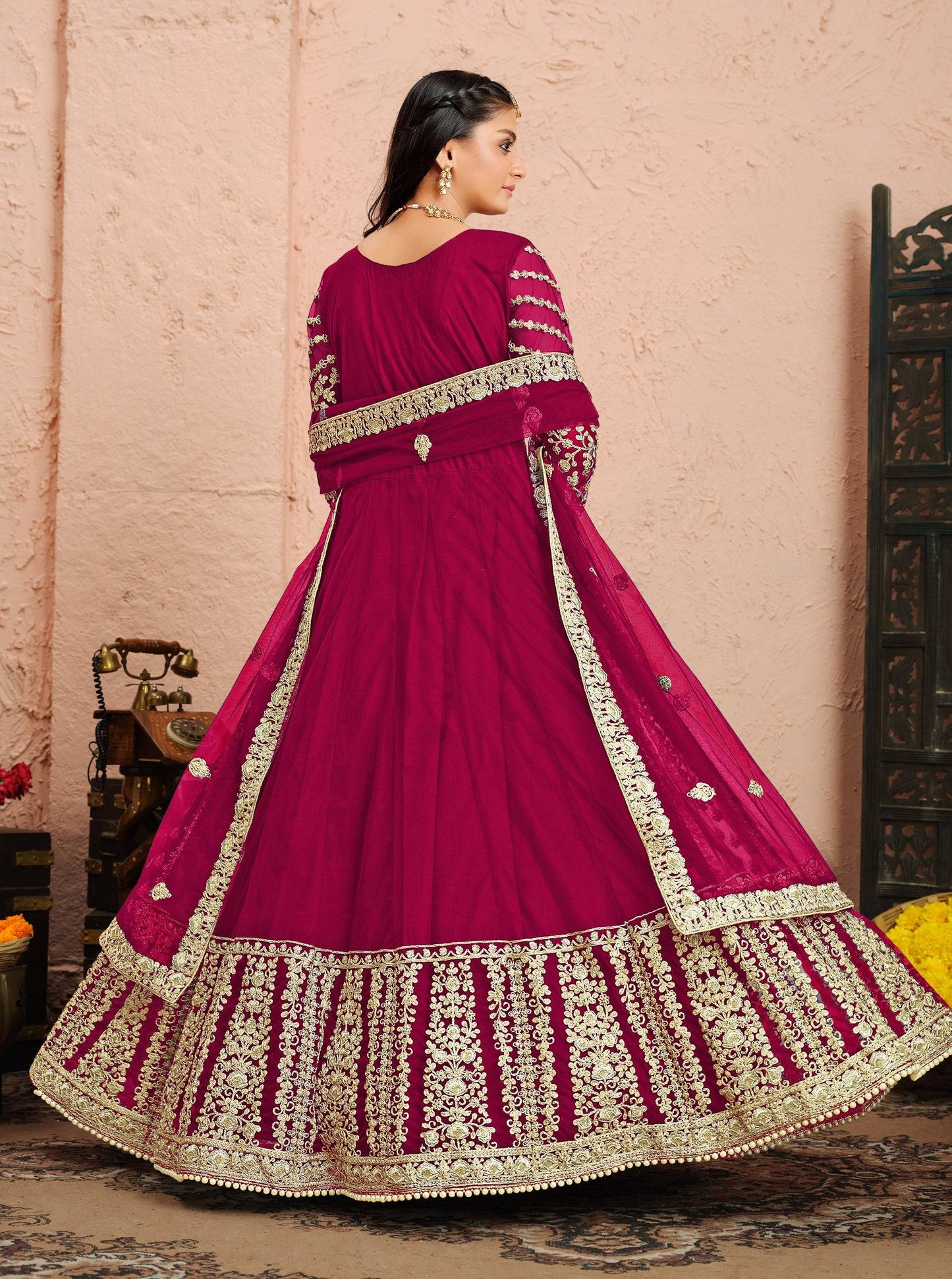 Anaita Pink Embroidered Net Anarkali Suit