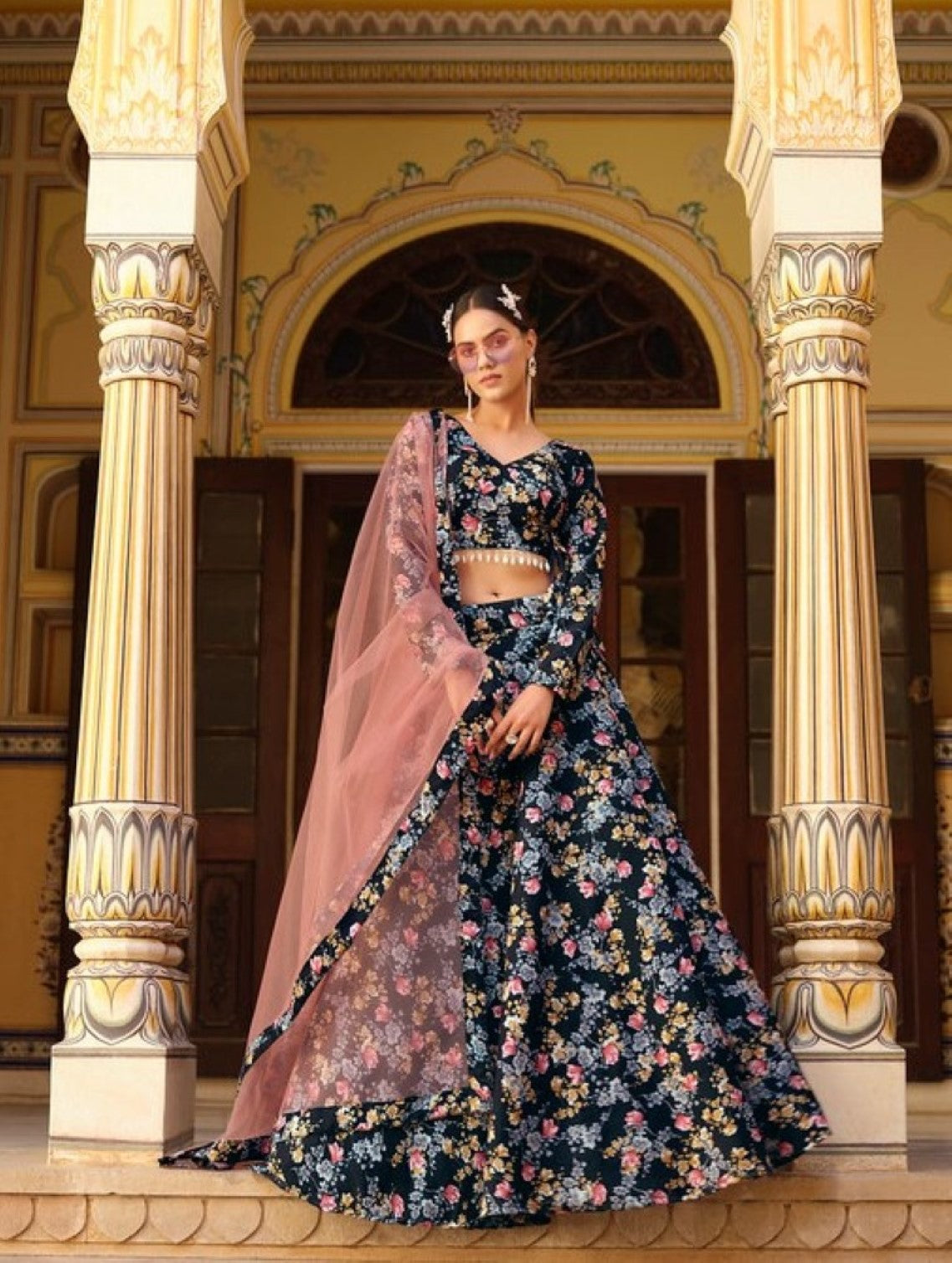 Anaita Black Silk Lehenga Choli With Floral Printed Work