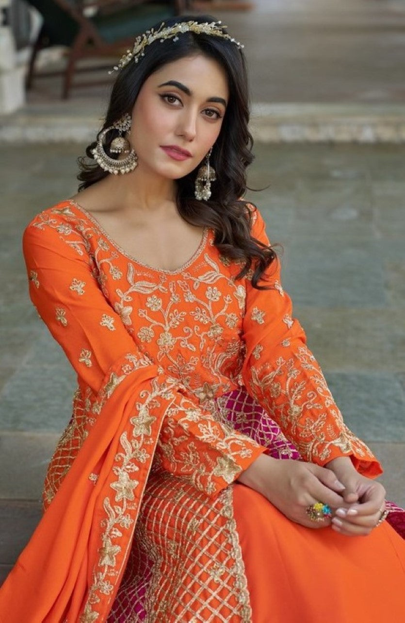 Anaita Orange Silk Anarkali Suit With Embroidery & Sequins Work