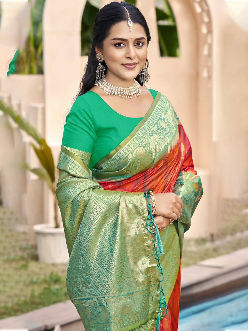 Anaita Coral Silk Saree With Blouse Piece