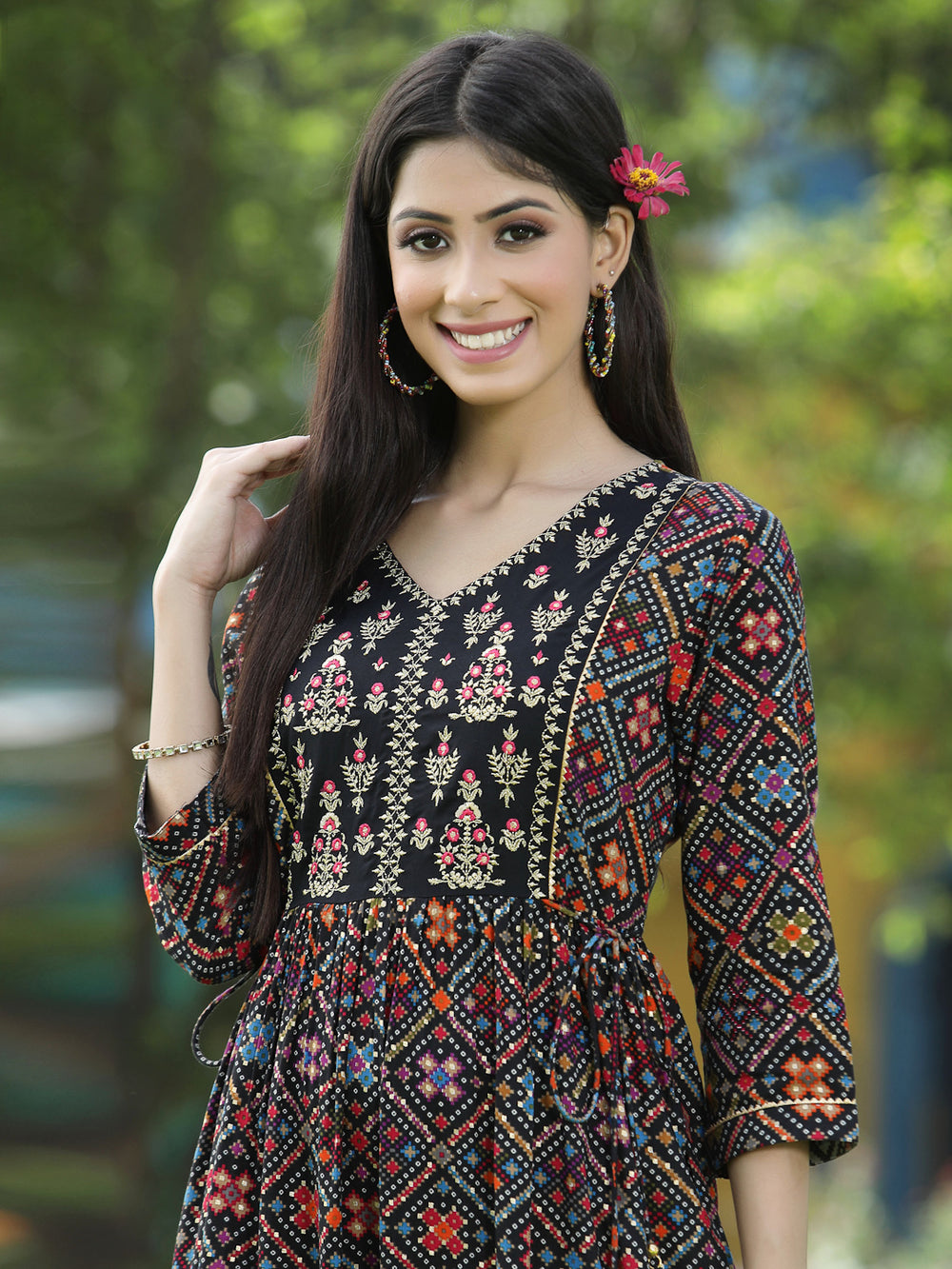 Juniper Black Rayon Festive Printed Flared Kurta For Women