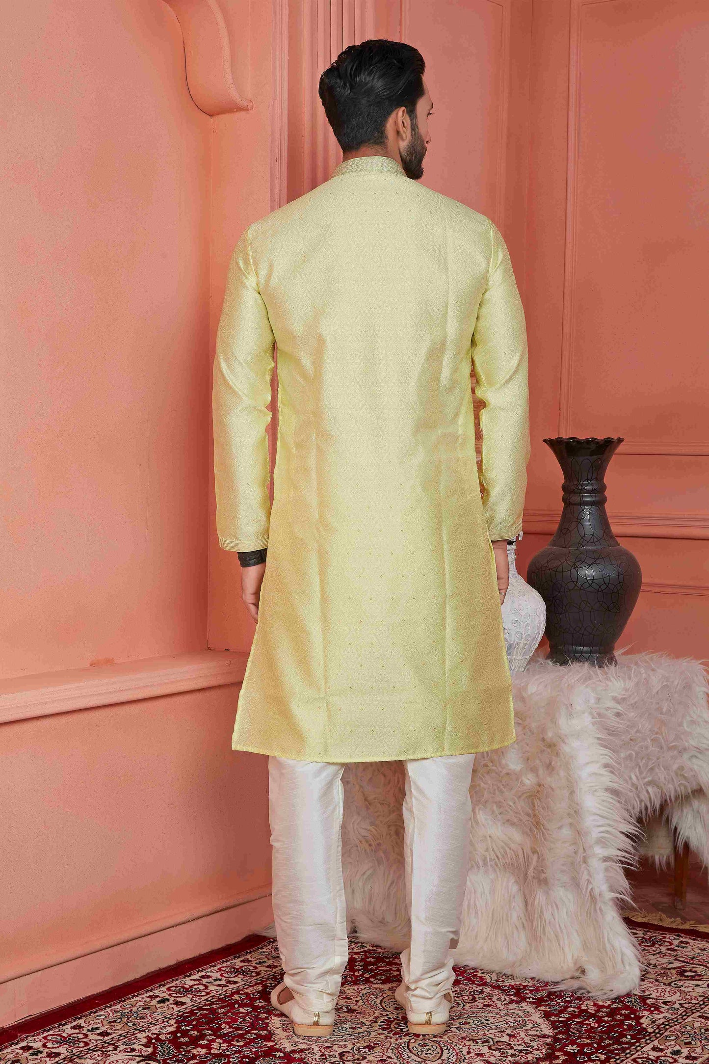 Raivat Ethnic Jacquard Banarasi Silk Pintux Work Kurta Pajama In Yellow Colour