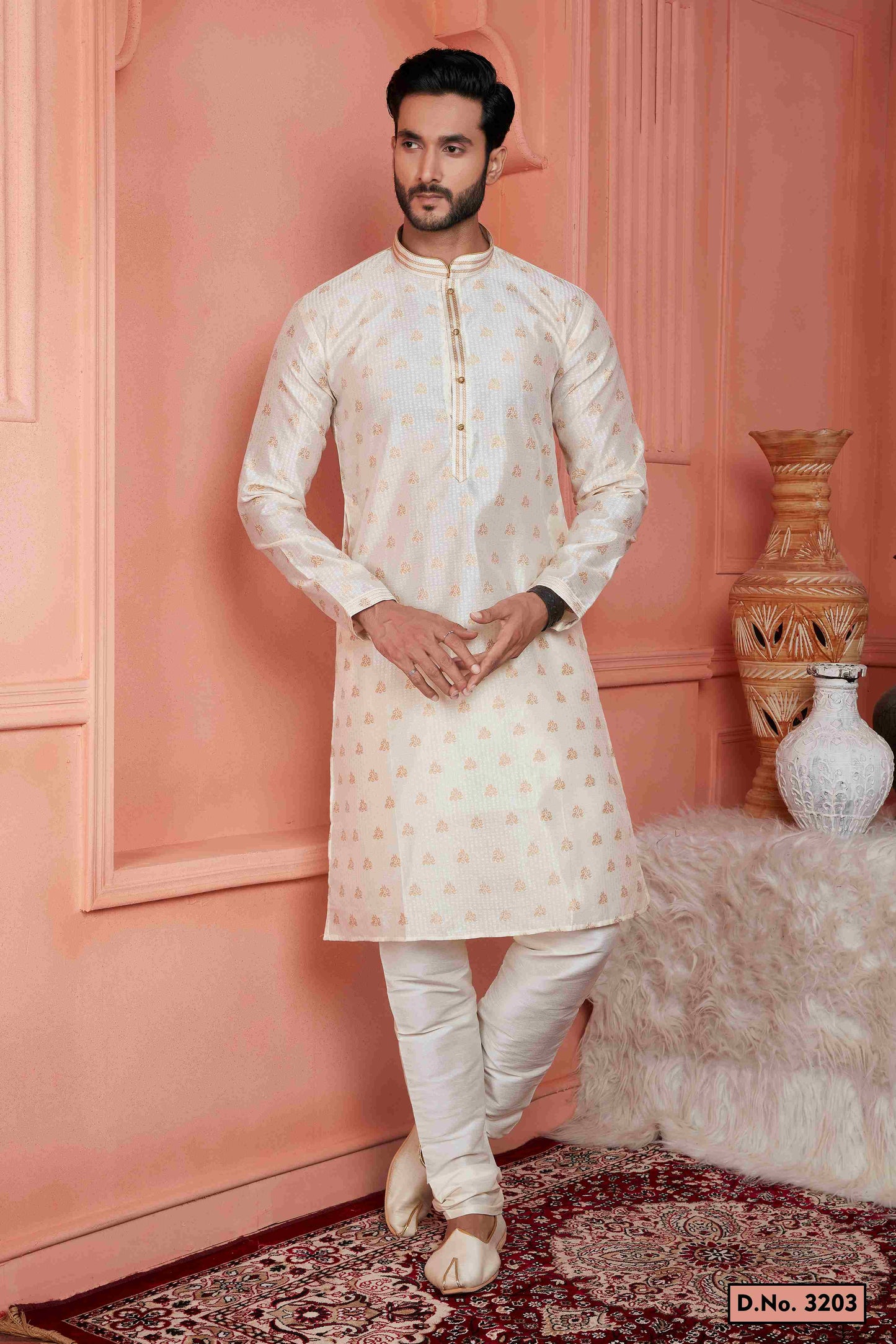 Raivat Ethnic Jacquard Banarasi Silk Pintux Work Kurta Pajama In Cream Colour