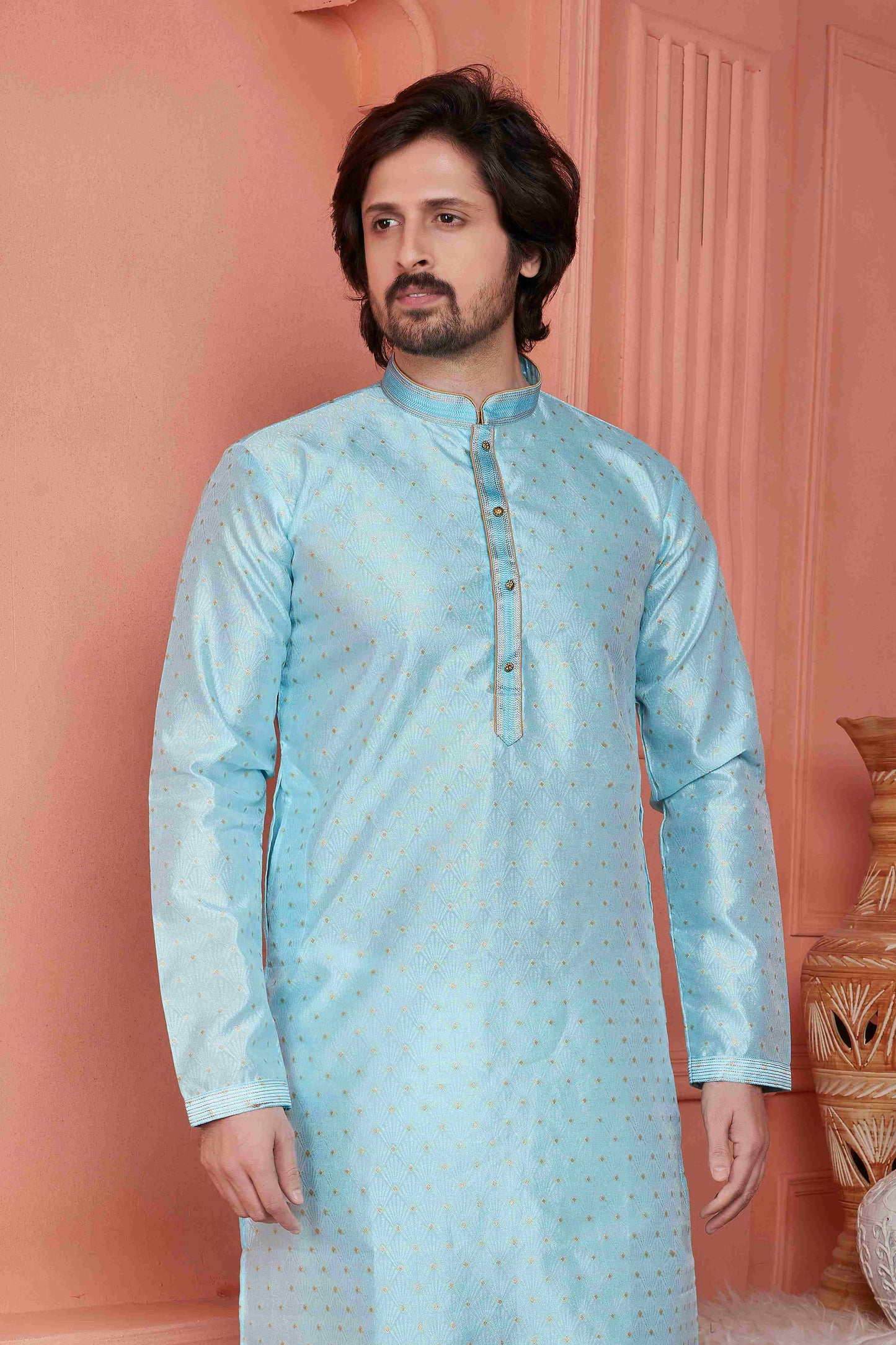Raivat Ethnic Jacquard Banarasi Silk Pintux Work Kurta Pajama In Sky Blue Colour