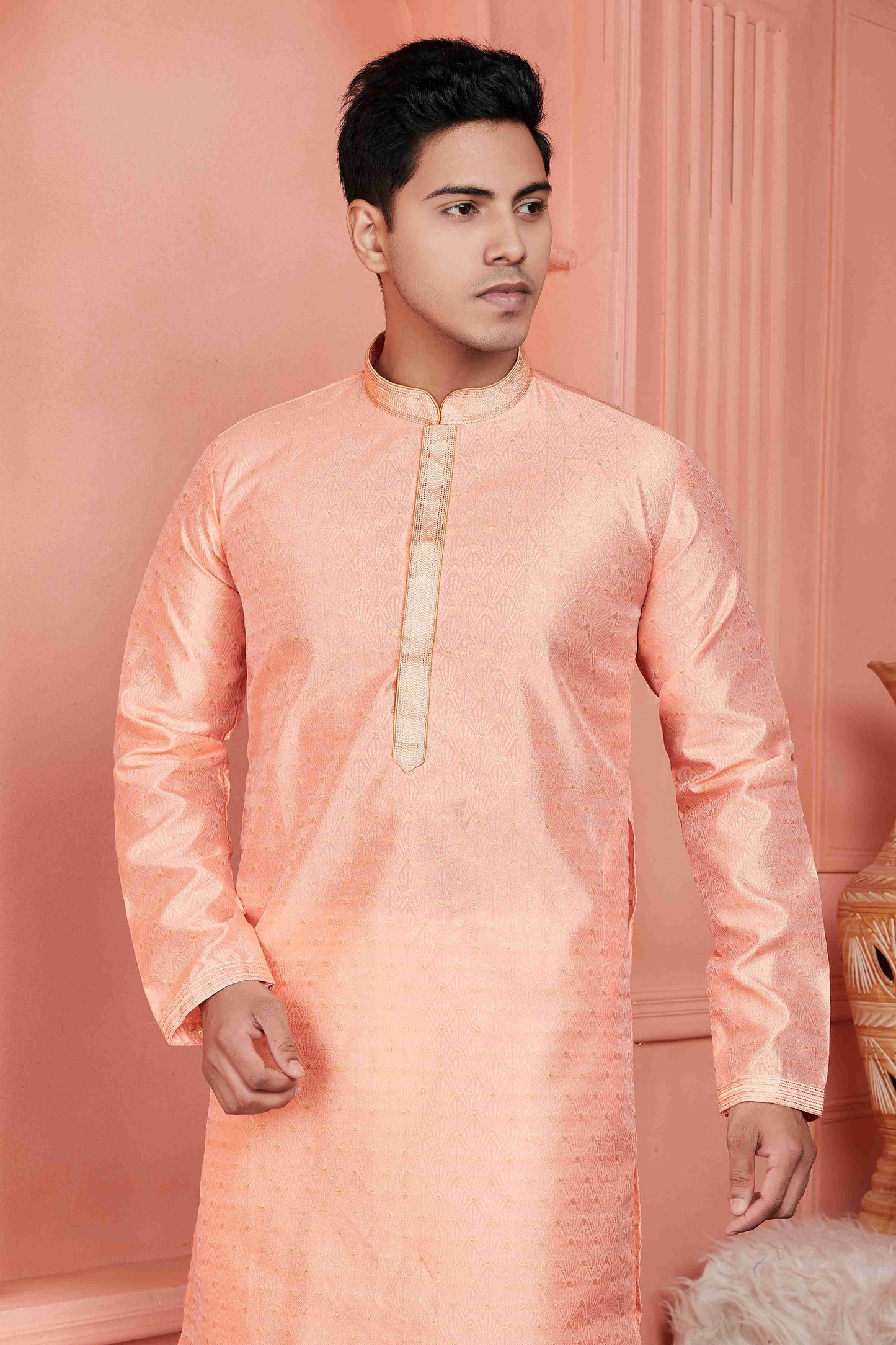 Raivat Ethnic Jacquard Banarasi Silk Pintux Work Kurta Pajama In Peach Colour