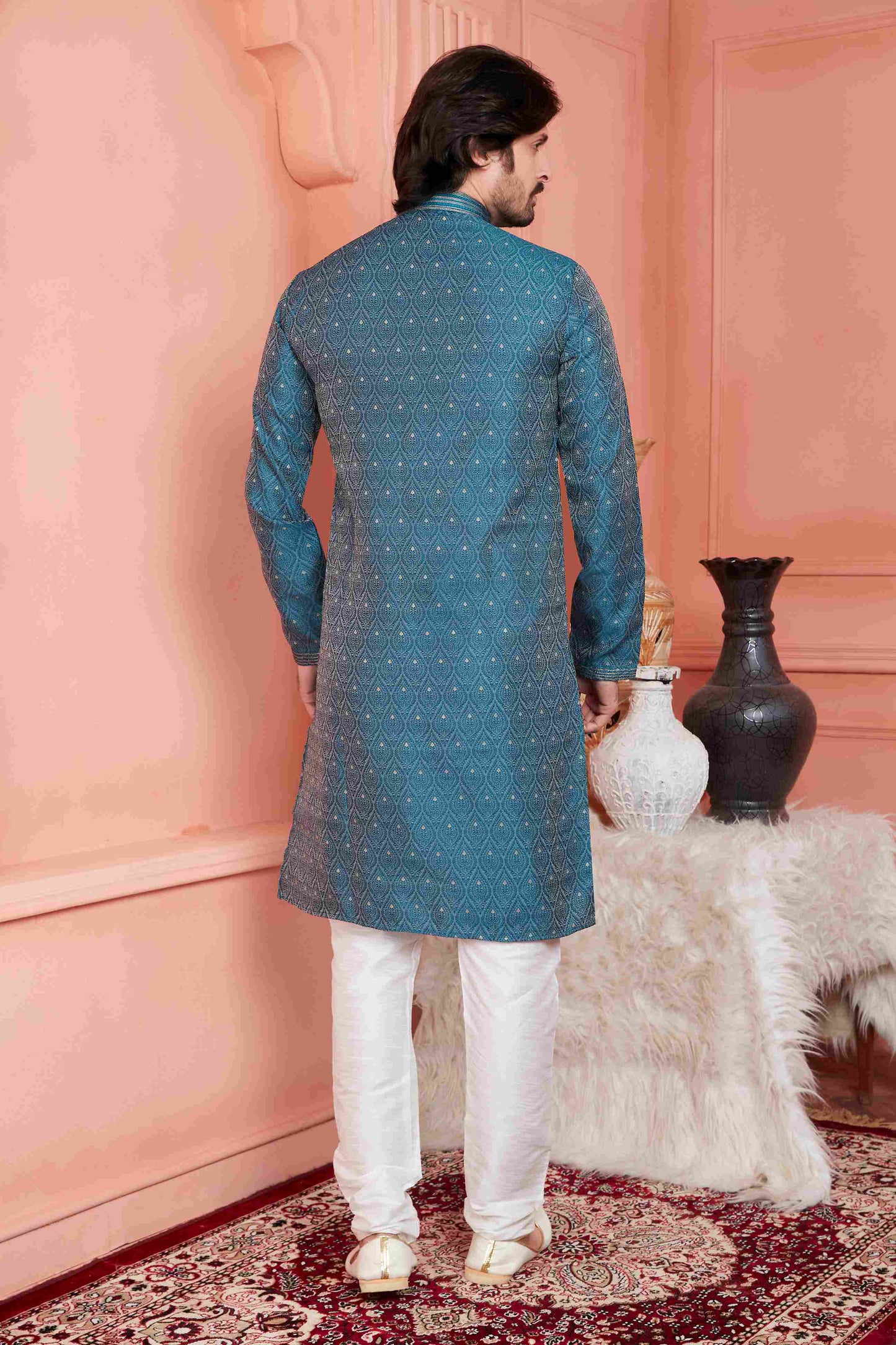 Raivat Ethnic Jacquard Banarasi Silk Pintux Work Kurta Pajama In Blue Colour