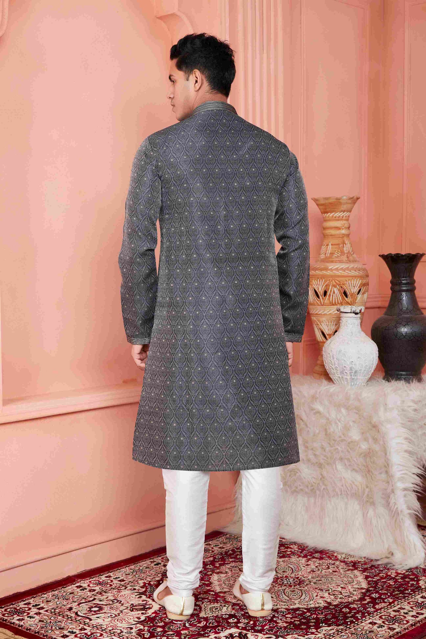 Raivat Ethnic Jacquard Banarasi Silk Pintux Work Kurta Pajama In Grey Colour