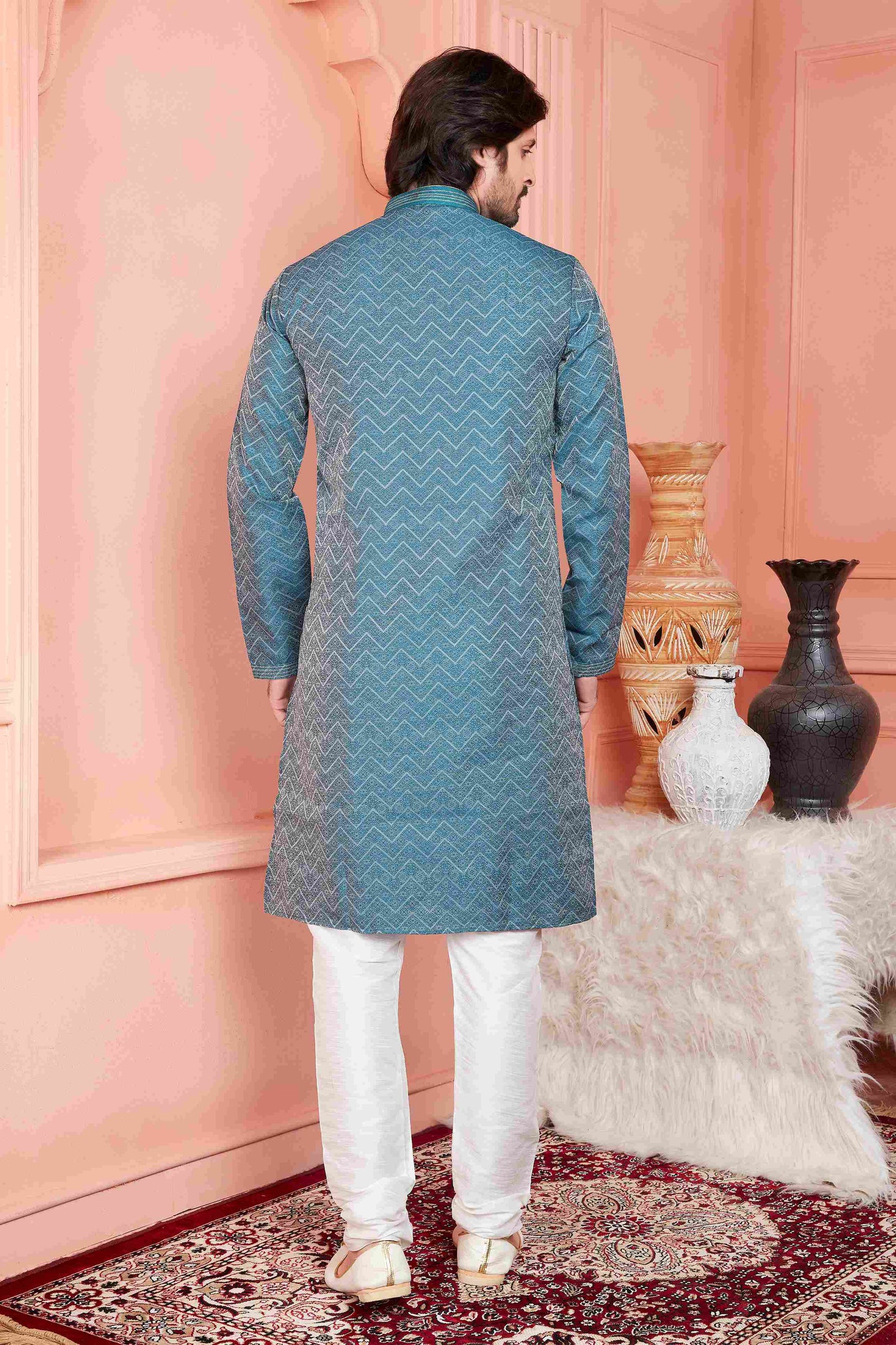 Raivat Ethnic Jacquard Banarasi Silk Pintux Work Kurta Pajama In Teal Blue Colour