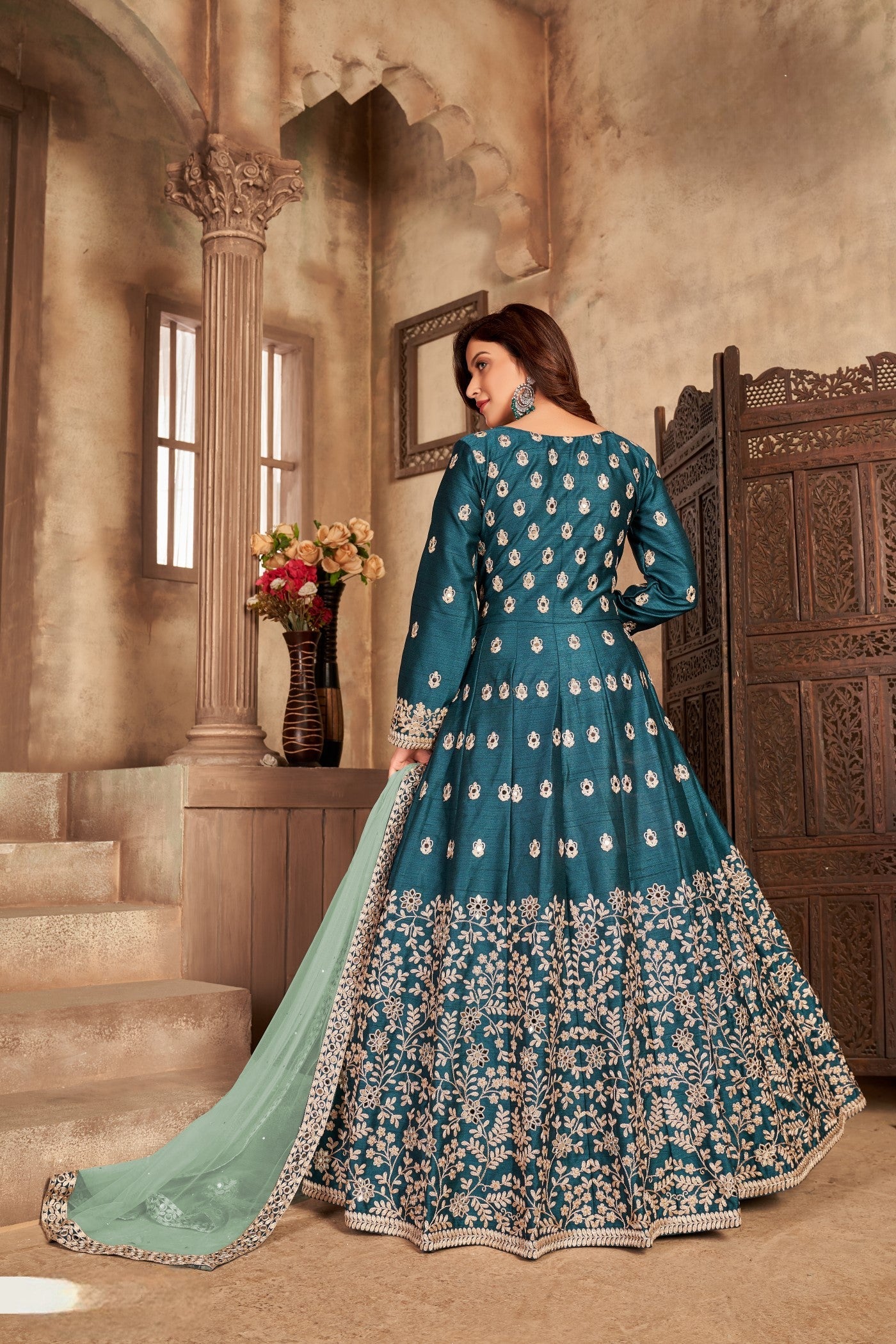 Anaita Teal Embroidered Art Silk Anarkali Suit