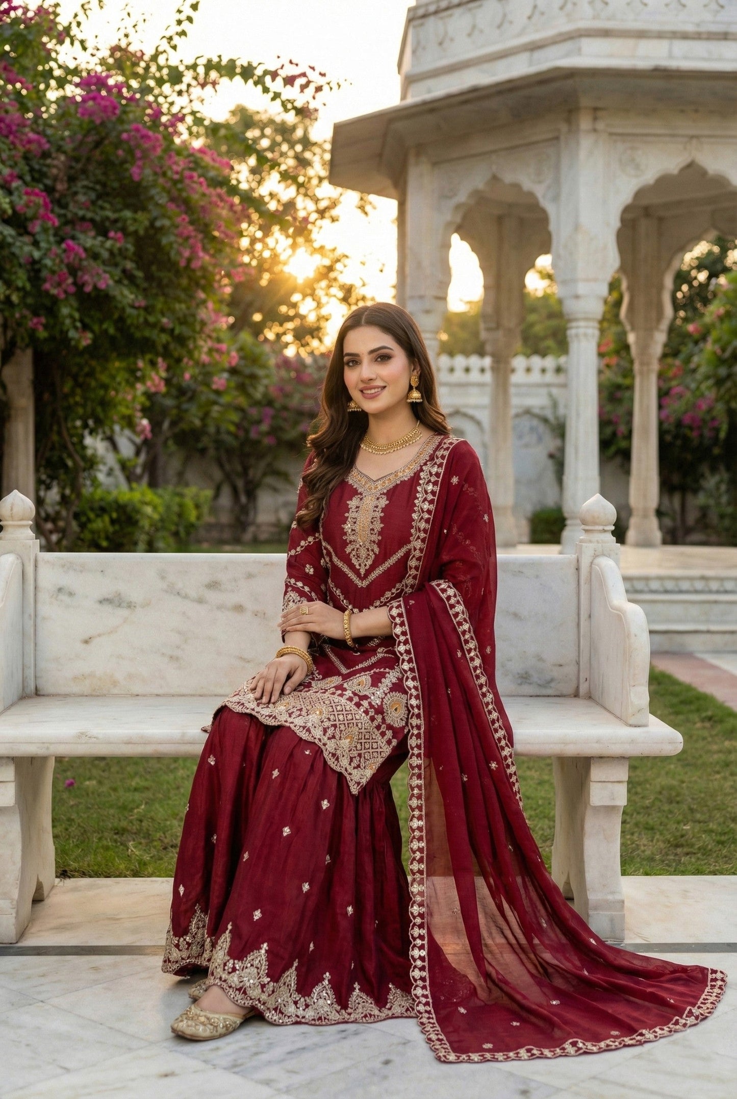 Anaita Maroon Chinon Stitched Sharara Suit with Embroidery & Sequence Work