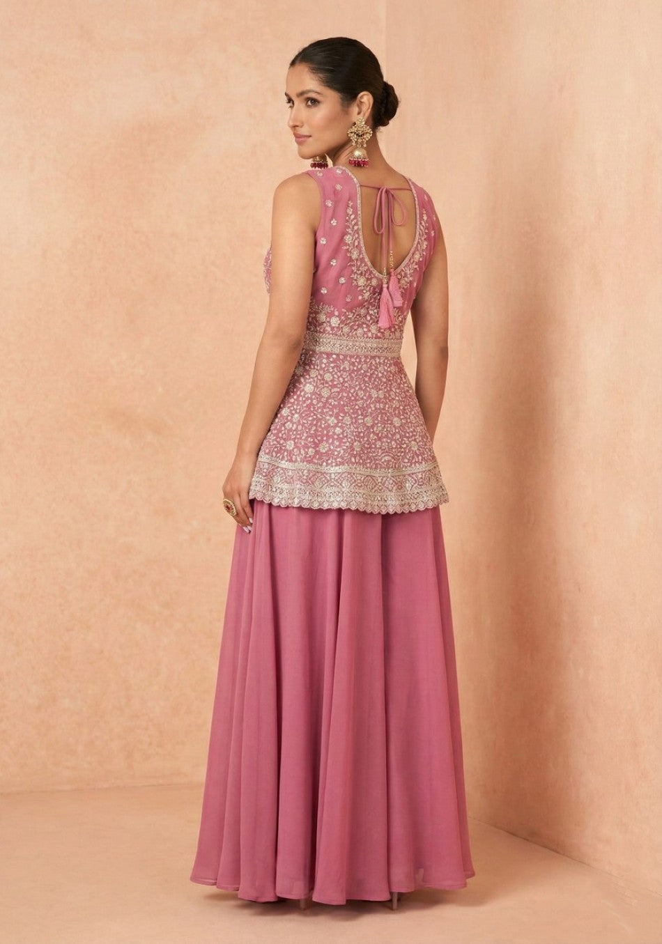 Anaita Pink Georgette Stitched Palazzo Suit with Embroidery & Sequence Work