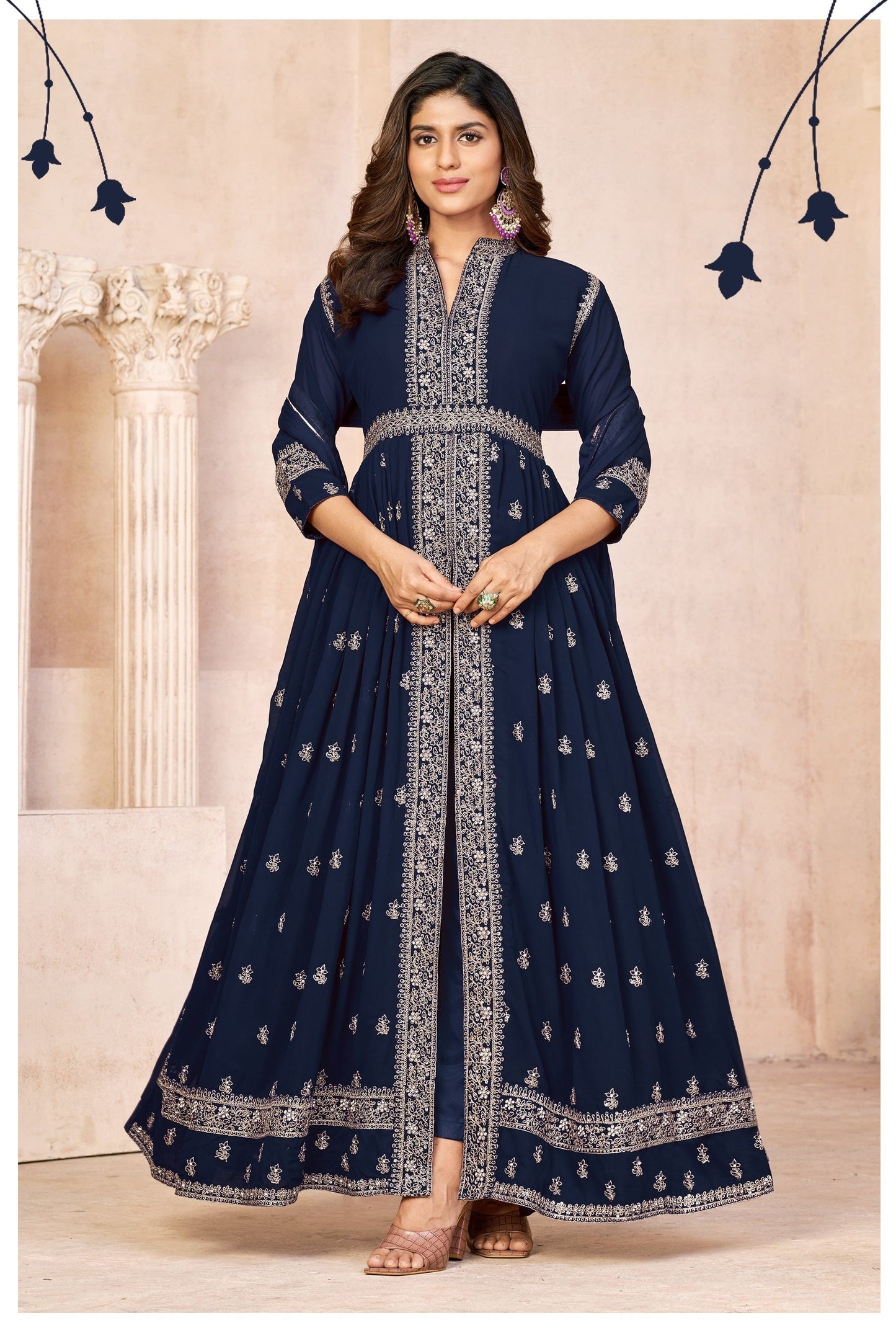 Anaita Navy Blue Embroidered Faux Georgette Anarkali Suit