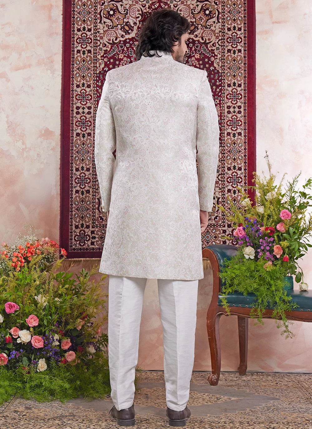 Raivat Ethnic Banarasi Jacquard Embroidery Indo Western Sherwani In Green Colour