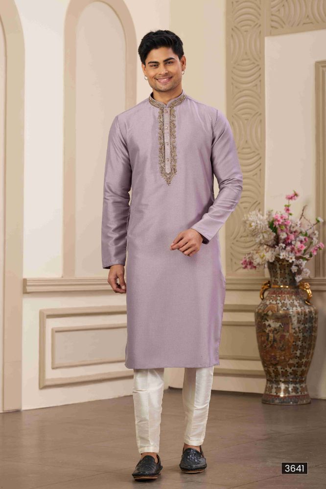 Raivat Ethnic Banarasi Art Silk Hand Work Kurta Pajama In Purple Colour