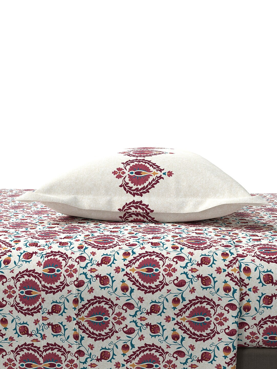 MYTRIDENT White Red Ethnic Motifs 144 TC Cotton Queen Bedsheet With 2 Pillow Covers
