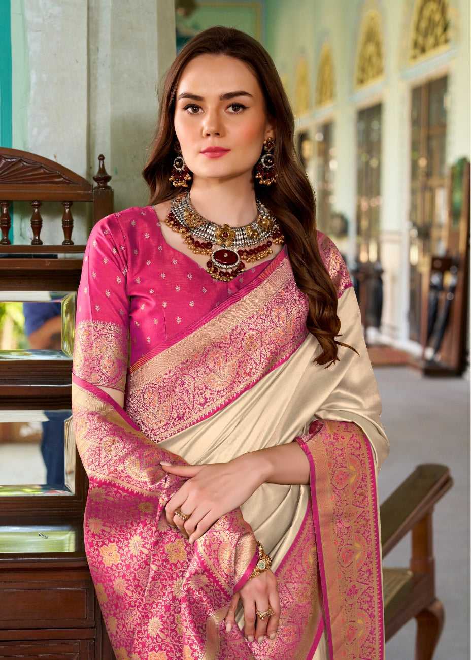 Anaita Beige Soft Silk Zari Weaving Saree With Blouse Piece