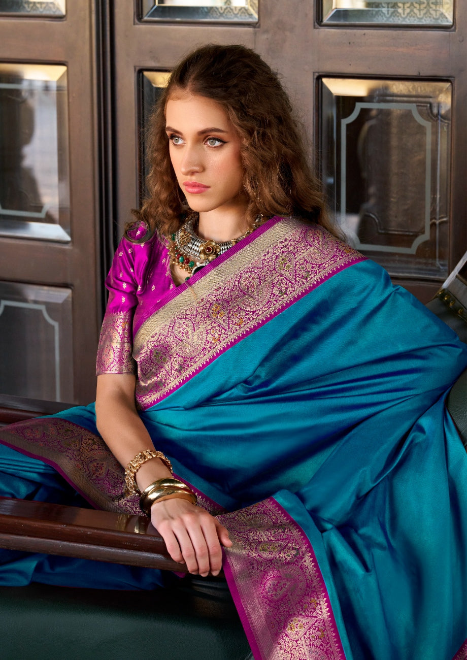 Anaita Teal Soft Banarasi Silk Zari Weaving Saree With Blouse Piece