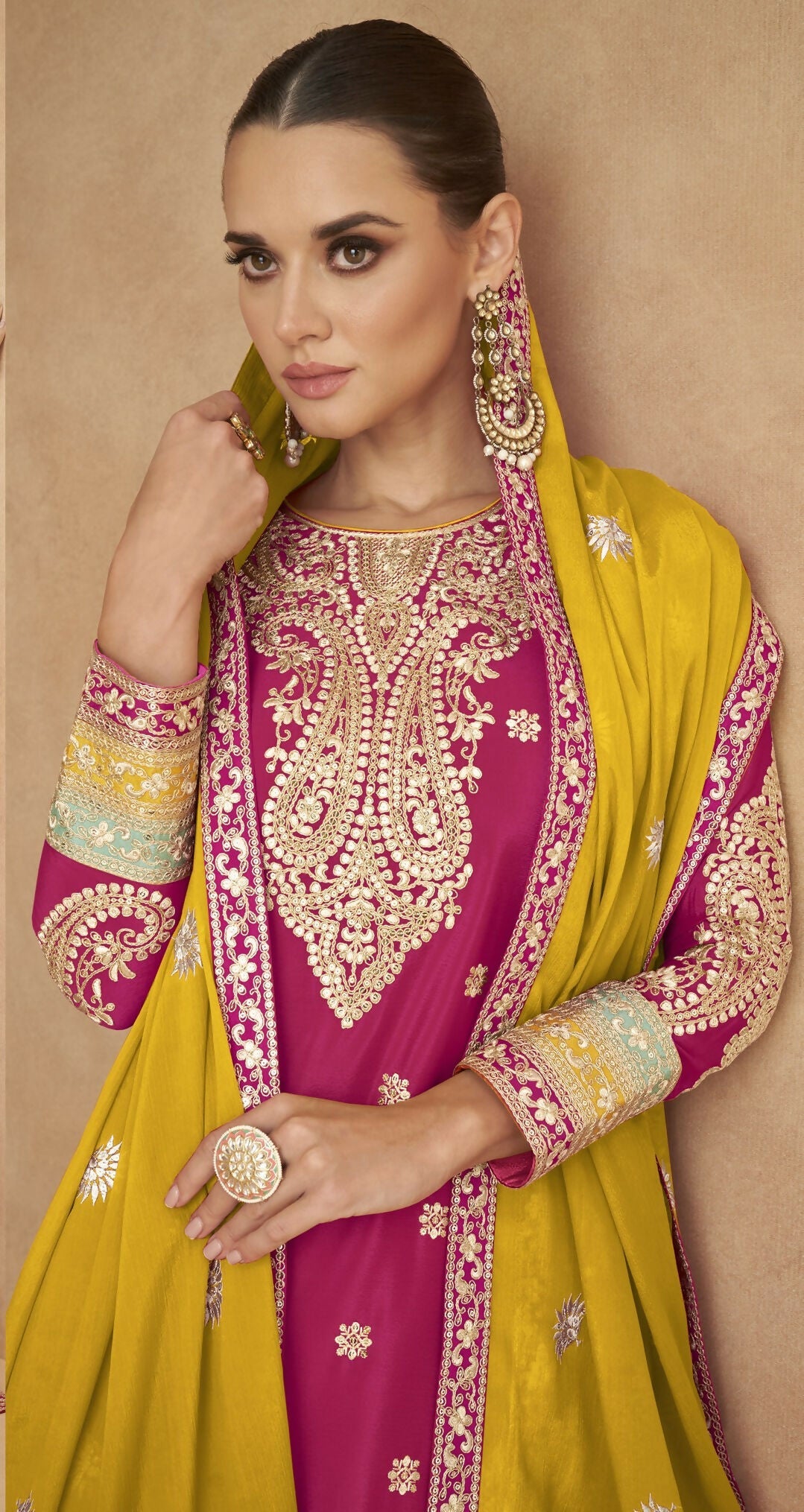 Anaita Red Chinon Suit with Embroidery Coding Sequence Work